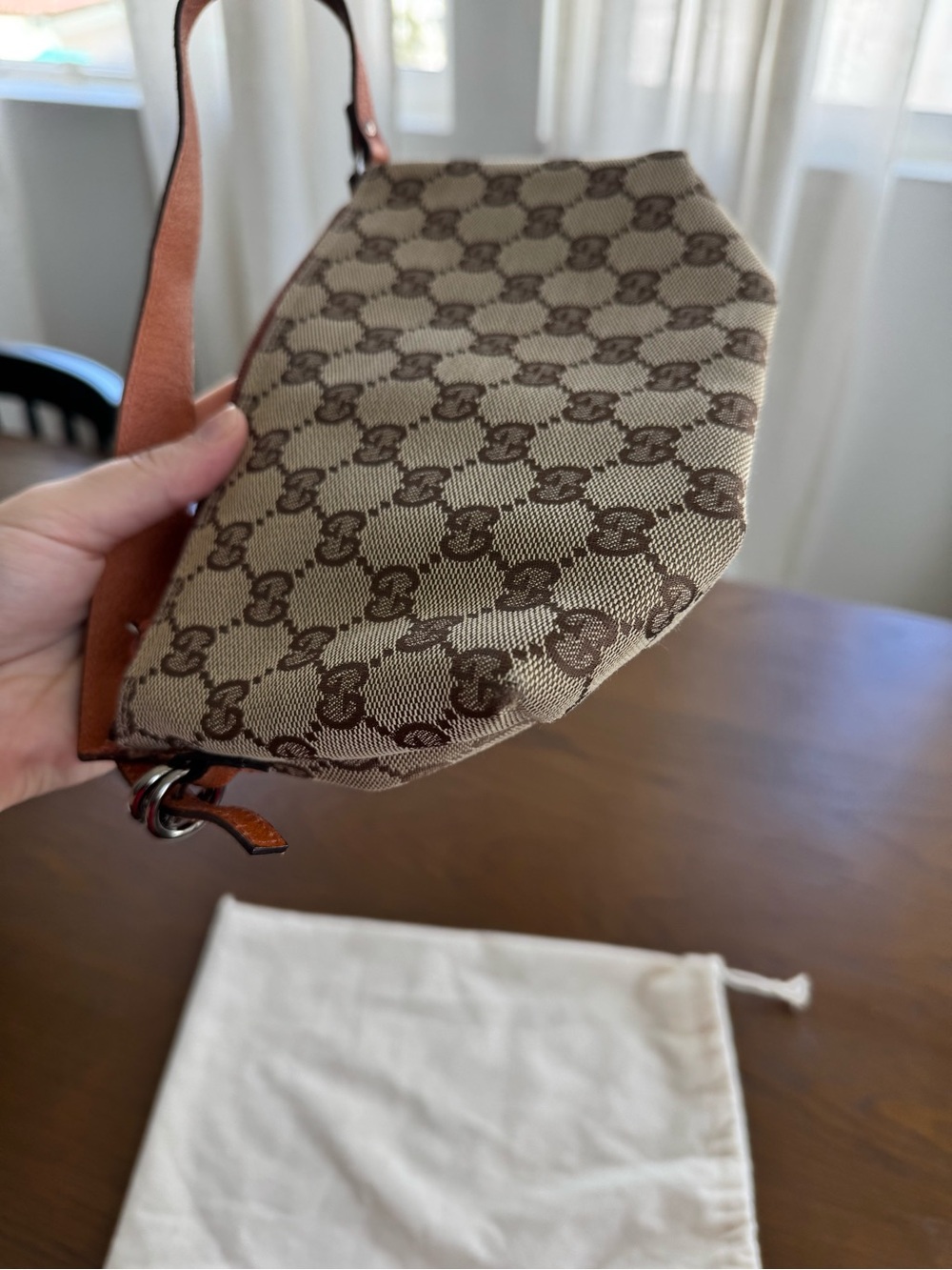 Gucci Beige GG Monogram Mini Wristlet with Brown Trim - Picture 5 of 9